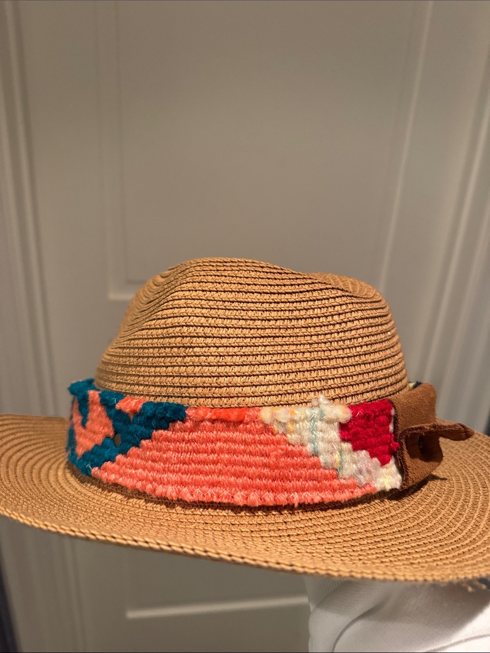 Woven Straw Fedora with Colorful Band - Tan & Coral Accent - Picture 4 of 5